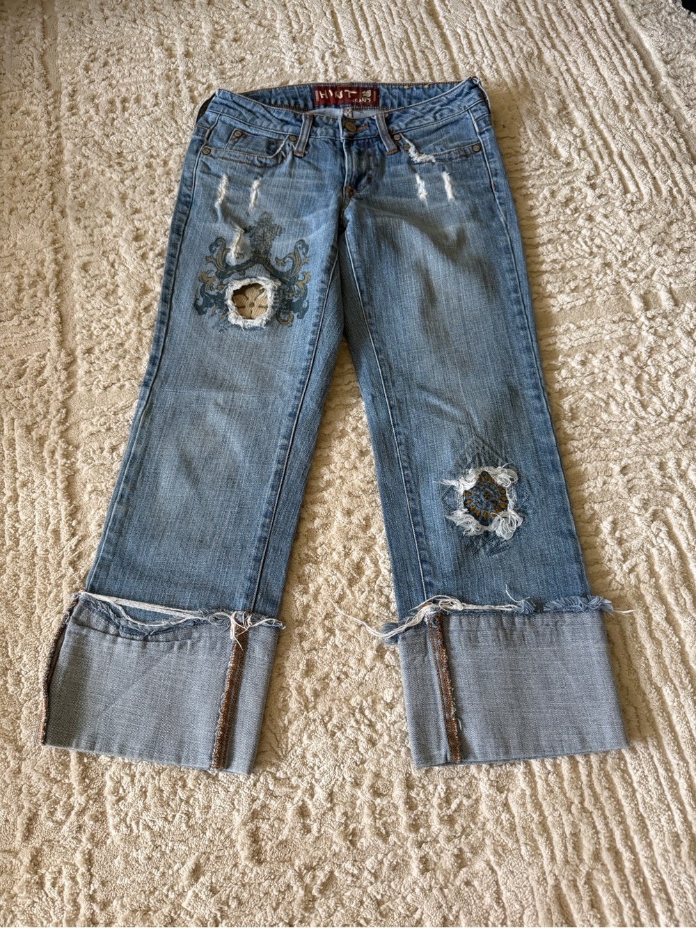 Hint y2k Distressed Light Blue Women's Jeans with Embroidered Patchwork